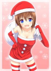 Rule 34 | 1girl, blue eyes, breasts, brown hair, christmas, cleavage, dress, elbow gloves, female focus, gloves, hat, ki (kk-sk-ray), looking at viewer, md5 mismatch, medium breasts, original, red gloves, santa costume, santa hat, short hair, solo, strapless, strapless dress, striped clothes, striped thighhighs, thighhighs
