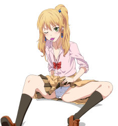 Rule 34 | 1girl, aihara yuzu, black socks, blonde hair, blush, bow, bow panties, citrus (saburouta), clothes around waist, clothes lift, condom, condom in mouth, crotch seam, earrings, flat chest, green eyes, hair ornament, jewelry, kneehighs, lifting own clothes, long hair, mouth hold, one eye closed, panties, school uniform, shoes, simple background, sitting, skirt, skirt lift, socks, solo, sweater, sweater around waist, underwear, white background, white panties, yoshida keiji