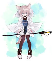 Rule 34 | 1girl, animal ears, arknights, blue eyes, brown pantyhose, closed mouth, full body, gloves, grey hair, high tops, highres, holding, holding staff, hood, hooded jacket, jacket, long sleeves, looking at viewer, marumarukin, open clothes, open jacket, pantyhose, shoes, short hair, smile, sneakers, solo, staff, sussurro (arknights), white gloves, white jacket
