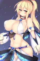 Rule 34 | 1girl, :o, alph lyla, armband, bare shoulders, blonde hair, blush, breasts, chaps, cleavage, closed mouth, collar, covered erect nipples, cowboy shot, detached sleeves, eyebrows, groin, hair between eyes, hair ornament, hair scrunchie, highres, kubiwa (kutan), kutan, large breasts, long hair, looking to the side, midriff, navel, no panties, orange eyes, original, phantasy star, phantasy star online 2, ponytail, purple background, scrunchie, solo, stomach, thighhighs, underbust