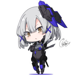 Rule 34 | 1girl, beni shake, black bodysuit, black gloves, bodysuit, brown eyes, chibi, colored shadow, commentary request, full body, gloves, hair between eyes, hair ornament, hairclip, hand up, headgear, parted lips, punishing: gray raven, rosetta: rigor (punishing: gray raven), rosetta (punishing: gray raven), shadow, signature, solo, standing, v-shaped eyebrows, white background, x hair ornament