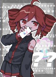 Rule 34 | 1girl, ?, ??, absurdres, ahoge, asterisk (symbol), black shirt, black skirt, black sleeves, blush, border, cellphone, cellphone photo, chibi, chibi inset, collared shirt, commentary request, contrapposto, cowboy shot, detached sleeves, drill hair, grey background, grey border, hand up, headphones, highres, hito mania (utau), holding, holding phone, kasane teto, looking at viewer, number tattoo, open mouth, outline, outside border, phone, red eyes, red hair, richard (richaball), shirt, shoulder tattoo, skirt, sleeveless, sleeveless shirt, smartphone, smile, standing, tattoo, twin drills, utau, white outline