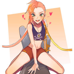 Rule 34 | 1girl, bare shoulders, blush, flat chest, green eyes, heart, heart-shaped pupils, highres, jewelry, jinx (league of legends), league of legends, single mechanical arm, necklace, odyssey jinx, petite, prosthesis, prosthetic arm, saliva, shorts, symbol-shaped pupils