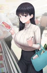 Rule 34 | 1girl, bag, black hair, black nails, black skirt, blue eyes, blurry, breasts, brown sweater, carrying bag, commentary request, depth of field, earrings, food, hands up, highres, holding, holding food, indoors, jewelry, large breasts, long hair, long skirt, long sleeves, looking at viewer, meat, mochirong, mole, mole under mouth, nail polish, necklace, original, refrigerator, ribbed sweater, ring, skirt, solo focus, standing, straight hair, supermarket, sweater, tile floor, tiles, turtleneck, turtleneck sweater