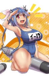 Rule 34 | 10s, 1girl, armpits, barefoot, blue hair, breasts, cameltoe, cleavage, curvy, fang, hair ribbon, headgear, huge breasts, i-19 (kancolle), kantai collection, kneeling, long hair, magister, name tag, navel, one-piece swimsuit, open mouth, red eyes, ribbon, salute, school swimsuit, skin tight, solo, star-shaped pupils, star (symbol), straddling, swimsuit, symbol-shaped pupils, thick thighs, thighs, toes, torpedo, tri tails