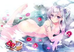 Rule 34 | 1girl, arched back, ass, bad id, bad twitter id, barefoot, bathing, breasts, carnelian, choko (cup), cleavage, cup, kantai collection, leg up, long hair, nipples, nude, onsen, outdoors, purple eyes, silver hair, solo, suzutsuki (kancolle), tokkuri, water drop