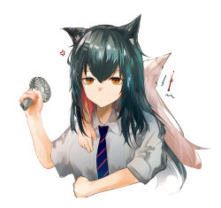 Rule 34 | 2girls, anger vein, animal ears, arknights, arm around shoulder, black hair, black necktie, collared shirt, colored inner hair, electric fan, hand fan, hand up, highres, holding, holding fan, hug, hug from behind, lappland (arknights), long hair, multicolored hair, multiple girls, necktie, orange eyes, red hair, runamonet, shirt, short sleeves, simple background, striped necktie, texas (arknights), upper body, white background, white hair, white shirt, wolf ears, wolf girl, yuri