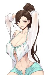 Rule 34 | 1girl, abs, arms behind head, arms up, bikini, bikini top only, blue shorts, breasts, brown hair, collared shirt, commission, cyphers, dress shirt, hair tie in mouth, halterneck, halterneck, high ponytail, highres, large breasts, long hair, long sleeves, looking at viewer, mouth hold, open clothes, open shirt, open shorts, red eyes, ribbon trim, shirt, short shorts, shorts, sidneyholic, sleeves rolled up, solo, swimsuit, tying hair, underboob, very long hair, white shirt, wing collar
