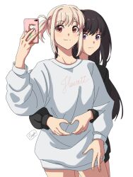 Rule 34 | 2girls, artist name, black hair, black sweater, blonde hair, cellphone, closed mouth, clothes writing, commentary, couple, cowboy shot, english commentary, heart, heart hands, highres, holding, holding phone, inoue takina, jewelry, kuromahikaren, long hair, long sleeves, looking at viewer, lycoris recoil, multiple girls, nishikigi chisato, one side up, phone, puffy sleeves, purple eyes, red eyes, ring, short hair, sidelocks, simple background, smartphone, smartphone case, smile, sweater, taking picture, wedding ring, white background, white sweater, wife and wife, yuri