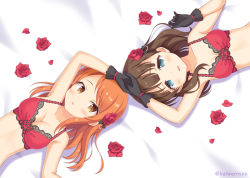 Rule 34 | 2girls, arm up, bare shoulders, bed sheet, black gloves, blue eyes, blush, bra, breasts, brown eyes, brown hair, cleavage, collarbone, commentary request, dutch angle, flower, gloves, holding hands, houjou karen, idolmaster, idolmaster cinderella girls, idolmaster cinderella girls starlight stage, kaiware-san, long hair, lying, medium breasts, multiple girls, on back, orange hair, parted lips, petals, red bra, red flower, red rose, rose, rose petals, sakuma mayu, small breasts, smile, underwear, underwear only