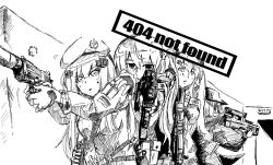 Rule 34 | 404 (girls&#039; frontline), 404 logo (girls&#039; frontline), 4girls, armband, assault rifle, beret, bullpup, caseless firearm, commentary request, english text, facial mark, g11 (girls&#039; frontline), girls&#039; frontline, gloves, greyscale, gun, h&amp;k g11, h&amp;k hk416, h&amp;k ump, h&amp;k ump, h&amp;k ump, hair between eyes, hair ornament, hairclip, hat, hk416 (girls&#039; frontline), holding, holding gun, holding weapon, indoors, jacket, jamie leano, long hair, looking ahead, looking at viewer, looking back, military jacket, monochrome, multiple girls, one side up, rifle, scar, scar across eye, scar on face, suppressor, teardrop, twintails, ump45 (girls&#039; frontline), ump9 (girls&#039; frontline), upper body, weapon