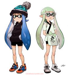 Rule 34 | 10s, 2015, 2girls, alternate costume, arms behind back, beanie, bespectacled, bike shorts, blue hair, colo (nagrolaz), fang, fashion, full body, glasses, green eyes, green hair, hands in pockets, hat, inkling, inkling girl, inkling player character, jacket, japanese clothes, kimono, long hair, looking at viewer, multiple girls, nintendo, pointy ears, pom pom (clothes), puffy vest, shoes, short hair with long locks, shorts, simple background, sneakers, splatoon (series), splatoon 1, tentacle hair, twintails, white-framed eyewear, white footwear, yukata
