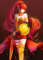 Rule 34 | 1girl, breasts, dre, elbow gloves, forehead protector, gloves, green eyes, highres, long hair, polearm, ponytail, pyrrha nikos, red hair, rwby, shield, smile, solo, spear, very long hair, weapon