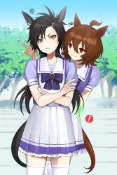 Rule 34 | !, 2girls, agnes tachyon (umamusume), ahoge, air shakur (umamusume), animal ears, asymmetrical bangs, black hair, blouse, blue shirt, blue sky, blurry, blurry background, bow, bowtie, brown hair, clear sky, commentary request, crossed arms, day, ear ornament, ear protection, frilled skirt, frills, frown, grimace, grin, horse ears, horse girl, horse tail, long hair, looking at another, looking at viewer, medium hair, miniskirt, multiple girls, outdoors, pleated skirt, puffy short sleeves, puffy sleeves, purple bow, purple bowtie, purple shirt, red eyes, sailor collar, school uniform, shirt, short sleeves, skirt, sky, smile, squiggle, standing, sweatdrop, tail, tan (inka), thighhighs, tracen school uniform, tree, umamusume, white sailor collar, white skirt, white thighhighs, yellow eyes