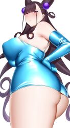 Rule 34 | 1girl, absurdres, alternate costume, arind yudha, arm behind back, ass, bare shoulders, blue dress, blue gloves, blunt bangs, blush, breasts, double bun, dress, elbow gloves, fate/grand order, fate (series), from behind, gloves, hair bun, hair ornament, highres, large breasts, long hair, looking at viewer, looking back, murasaki shikibu (fate), parted lips, purple eyes, simple background, solo, thighs, white background