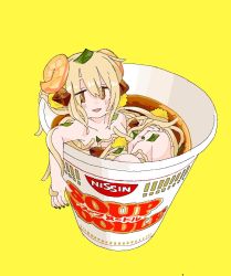 Rule 34 | 1girl, beef, blush, bright pupils, brown eyes, commentary request, cup, food, full body, hair between eyes, horns, in container, in cup, in food, long hair, mini person, minigirl, noodles, nude, open mouth, original, outo eguchi, prehensile hair, ramen, shrimp, simple background, solo, very long hair, yellow background
