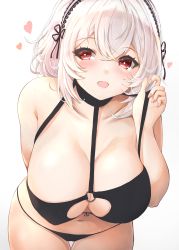 Rule 34 | 1girl, :d, absurdres, arm behind back, azur lane, bent over, bikini, black bikini, blush, breasts, cleavage, cleavage cutout, clothing cutout, collarbone, cowboy shot, hairband, hand up, hanging breasts, heart, highres, lace-trimmed hairband, lace trim, large breasts, looking at viewer, mizuno tera, navel, open mouth, red eyes, short hair, silver hair, simple background, sirius (azur lane), sirius (scorching-hot seirios) (azur lane), smile, solo, swimsuit, thigh gap, two-tone hairband, white background
