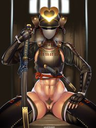 Rule 34 | 1girl, abs, absurdres, armor, artist name, bottomless, breasts, cleavage, cleft of venus, clitoral hood, door, female focus, female pubic hair, ghost of tsushima, gluteal fold, hand on own thigh, helmet, highres, holding, holding sword, holding weapon, indoors, japanese armor, japanese clothes, kabuto (helmet), katana, kodachi, kote, looking at viewer, muscular, muscular female, muscular legs, navel, nisetanaka, pubic hair, pussy, samurai, shaped pubic hair, sheath, sheathed, shiny clothes, shiny skin, short sword, sideboob, sitting, solo, spread legs, steam, sweat, sword, thighhighs, toned, watermark, weapon
