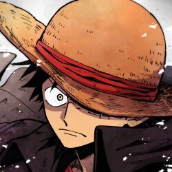 Rule 34 | 1boy, black coat, black hair, close-up, closed mouth, coat, collared shirt, facial scar, hat, highres, looking at viewer, m (user gjgn8588), male focus, monkey d. luffy, official alternate costume, one eye covered, one piece, one piece: strong world, outdoors, portrait, red shirt, scar, scar on cheek, scar on face, serious, shirt, short hair, snow, solo, straw hat, upper body