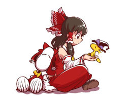 Rule 34 | 1girl, bird, black hair, bow, chamupei, charles schulz (style), comic, cosplay, detached sleeves, dog, hair bow, hair tubes, hakurei reimu, hakurei reimu (cosplay), kirisame marisa (cosplay), peanuts (comic), simple background, snoopy, touhou, white background, woodstock