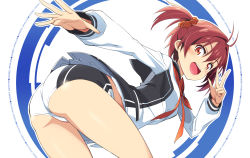 Rule 34 | 1girl, :d, antenna hair, ass, bent over, blush, highres, isshiki akane, looking at viewer, michairu, open mouth, outstretched arm, red eyes, red hair, school uniform, scrunchie, short hair, short shorts, shorts, simple background, smile, solo, twintails, v, vividred operation