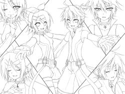 Rule 34 | 1boy, 1girl, bad id, bad pixiv id, brother and sister, closed eyes, finger to mouth, greyscale, hair ornament, hairclip, headphones, highres, kagamine len, kagamine rin, lineart, monochrome, outstretched arms, short hair, siblings, smile, transparent background, twins, ueno tsuki, vocaloid, wink