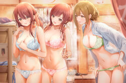 Rule 34 | 3girls, absurdres, adjusting another&#039;s hair, adjusting hair, ahoge, alstroemeria (idolmaster), alternate hairstyle, blue bra, blue panties, blush, bow, bow bra, bow panties, bra, braid, breasts, brown eyes, brown hair, cleavage, collarbone, embarrassed, folded ponytail, french braid, fujinomiya rio, green bra, green panties, hair bun, hair tie, hairdressing, hand in another&#039;s hair, hands in hair, highres, holding, holding another&#039;s hair, holding hair tie, holding own hair, huge ahoge, idolmaster, idolmaster shiny colors, indoors, japanese clothes, kimono, kuwayama chiyuki, lace, lace-trimmed bra, lace bra, lace panties, lace trim, large breasts, leaning forward, lingerie, long hair, long sleeves, medium breasts, multiple girls, navel, open clothes, open kimono, open mouth, open shirt, osaki amana, osaki tenka, outdoors, panties, panty pull, pink bra, pink panties, ponytail, red hair, siblings, single hair bun, sisters, smile, standing, stomach, striped clothes, striped kimono, swept bangs, twins, tying hair, underwear, underwear only, undressing, yellow eyes