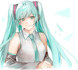 Rule 34 | 1girl, aqua hair, bare shoulders, black sleeves, breasts, closed mouth, collared shirt, commentary request, cropped torso, detached sleeves, green background, green eyes, green hair, green necktie, grey shirt, hair ornament, hatsune miku, highres, long hair, long sleeves, looking at viewer, necktie, shirt, shoulder tattoo, sketch, sleeveless, small breasts, smile, solo, tanu0706, tattoo, twintails, upper body, very long hair, vocaloid, white background