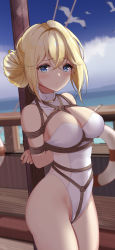 Rule 34 | 1girl, absurdres, alternate costume, azur lane, bare shoulders, bdsm, bird, blonde hair, blue eyes, blush, boat, bondage, bound, breasts, close-up, closed mouth, cloud, commentary request, crotch rope, day, formal, hair ornament, highleg, highleg leotard, highres, jeanne d&#039;arc (azur lane), large breasts, leotard, lifebuoy, looking at viewer, ocean, outdoors, restrained, seagull, ship, short hair, sky, solo, suit, swim ring, thighhighs, thighs, tied to mast, watercraft, white suit, yuuraku yuraku