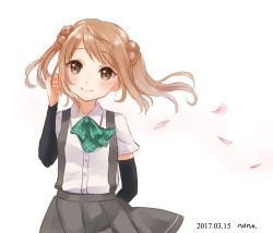 Rule 34 | 10s, arm behind back, artist name, ascot, blush, brown eyes, brown hair, cherry blossoms, closed mouth, dated, detached sleeves, double bun, hair bun, hand on own cheek, hand on own face, head tilt, highres, kantai collection, long hair, michishio (kancolle), nuno (pppompon), pleated skirt, school uniform, shirt, skirt, smile, solo, suspender skirt, suspenders, twintails, white shirt, wind