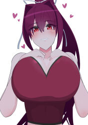 Rule 34 | 1girl, bare shoulders, breast suppress, breasts, camisole, cleavage, crop top, hair intakes, heart, highres, huge breasts, long hair, looking at viewer, ponytail, purple hair, red camisole, red eyes, ribbon, smile, solo, tsu-mo3, under night in-birth, very long hair, white ribbon, yuzuriha (under night in-birth)