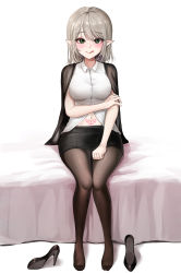 Rule 34 | 1girl, bed, blush, feet, green eyes, highres, licking lips, looking at viewer, medium hair, miniskirt, pantyhose, pointy ears, shoes, unworn shoes, silver hair, sitting, skirt, tongue, tongue out