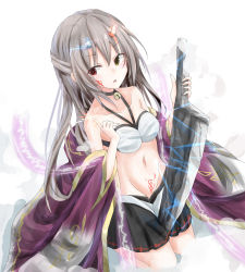Rule 34 | 1girl, :o, bare shoulders, bell, bikini, bikini top only, black choker, black skirt, blush, breasts, choker, collarbone, commentary request, facial mark, green eyes, grey hair, groin, hair between eyes, halterneck, hands up, heterochromia, highres, holding, holding sword, holding weapon, horns, index finger raised, japanese clothes, jingle bell, kneeling, long hair, looking at viewer, magic, medium breasts, miniskirt, navel, off shoulder, open clothes, original, otakubotti, parted lips, pleated skirt, red eyes, sidelocks, skirt, solo, stomach, swimsuit, sword, weapon, white background, white bikini, wide sleeves