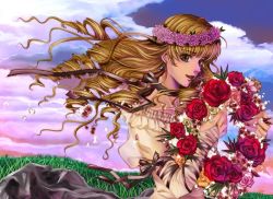 Rule 34 | 1970s (style), 1girl, arm ribbon, bad id, bad pixiv id, blonde hair, character request, choker, cloud, drill hair, earrings, field, floating hair, flower, holding, jewelry, long hair, retro artstyle, open mouth, retro artstyle, ribbon, ribbon choker, rose, sky, smile, solo, tamari (flawless), twilight, versailles no bara, wind, wreath