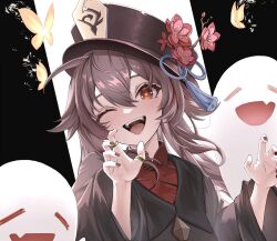 Rule 34 | 1girl, black coat, black hat, black nails, boo tao (genshin impact), brown hair, coat, commentary request, fingernails, flower, flower-shaped pupils, genshin impact, ghost, hair between eyes, hat, highres, hu tao (genshin impact), jewelry, long hair, multiple rings, one eye closed, open mouth, plum blossoms, porkpie hat, red eyes, red flower, ring, smile, symbol-shaped pupils, teeth, twintails, upper teeth only, user ukfp2722, very long hair, wide sleeves