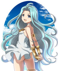Rule 34 | 1girl, :d, ahoge, arms behind back, ass, blue eyes, blue hair, breasts, bridal gauntlets, choker, cowboy shot, dress, floating hair, forehead, from behind, granblue fantasy, hanzou, highres, interlocked fingers, long hair, looking back, lyria (granblue fantasy), nipples, no panties, open mouth, short dress, sleeveless, sleeveless dress, small breasts, smile, solo, standing, strapless, strapless dress, thighlet, very long hair, white background, white dress