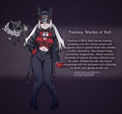 Rule 34 | 1girl, absurdres, belt, black background, boots, breasts, chain, chained, cloud, coat, demon horns, demon tail, description, english text, fanwork, full body, gloves, gradient background, hand on own hip, hat, helltaker, highres, horns, key, keyring, large breasts, looking at viewer, navel, original, pandora (helltaker), police, police uniform, red eyes, smile, storytaker, tail, twintails, uniform, white hair