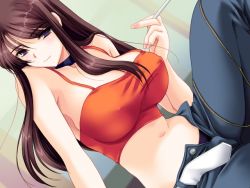 Rule 34 | bare shoulders, blue eyes, breasts, brown hair, character request, cigarette, cleavage, covered erect nipples, denim, game cg, jeans, large breasts, long hair, navel, pants, solo, source request