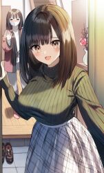 Rule 34 | 2girls, = =, black hair, blush, breasts, brown footwear, brown hair, closed eyes, commentary request, doorway, flower, green sweater, grey pants, hair over shoulder, highres, large breasts, loafers, long hair, long sleeves, looking at viewer, low twintails, mask, mouth mask, multiple girls, nose blush, open clothes, original, pants, pentagon (railgun ky1206), pink flower, pink rose, pink socks, plaid, plaid skirt, pov doorway, rose, shoes, siblings, sisters, skirt, sleeves past wrists, socks, solo focus, surgical mask, sweater, turtleneck, turtleneck sweater, twintails, unworn shoes, vase, very long hair, white skirt, white sweater