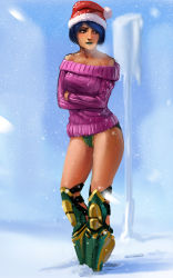 Rule 34 | 1girl, 34no404, aran sweater, armor, bare shoulders, blue hair, blush, bob cut, breasts, cable knit, christmas, cold, greaves, green eyes, green lips, green panties, hat, lips, lipstick, makeup, no pants, off-shoulder, off-shoulder sweater, off shoulder, outdoors, panties, ribbed sweater, santa hat, selket, snow, snowing, solo, standing, sweater, swept bangs, underwear, unreal, unreal tournament