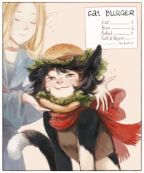 Rule 34 | 2girls, animal ears, armor, bare shoulders, black hair, blonde hair, blue robe, blush, body fur, breasts, burger, cat ears, cat girl, cat tail, choker, closed eyes, commentary, crop top, dungeon meshi, ear down, elf, english commentary, food, food-themed hat, food on head, half-closed eyes, highres, in food, izutsumi, leather armor, lettuce, long hair, looking at viewer, marcille donato, midriff, multiple girls, nose blush, object on head, pointy ears, purple-soika, red scarf, robe, scarf, short hair, simple background, sleeveless, small breasts, solo focus, sparkle, tail, upper body, yellow eyes