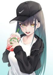 Rule 34 | 1girl, :d, baseball cap, black hat, black jacket, blue background, food, gradient background, gradient hair, hat, highres, holding, ice cream, jacket, long sleeves, looking at viewer, masuo, multicolored hair, nike (company), open clothes, open jacket, open mouth, original, shirt, smile, solo, upper body, white shirt, yellow eyes