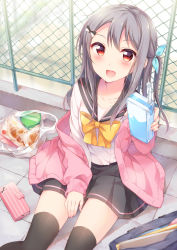 Rule 34 | 1girl, :d, bag, between legs, black skirt, black thighhighs, blue ribbon, blush, bow, cardigan, commentary request, day, drinking straw, fang, fence, food, food request, grey hair, hair bow, hair ribbon, hand between legs, hazuki (sutasuta), highres, incoming drink, long hair, long sleeves, looking at viewer, miniskirt, moe2019, off shoulder, one side up, open mouth, original, outdoors, pink cardigan, red eyes, religious offering, ribbon, rooftop, school bag, school uniform, serafuku, shirt, shopping bag, sitting, skirt, smartphone case, smile, solo, thighhighs, white shirt