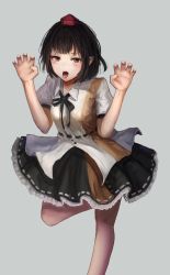 Rule 34 | 1girl, :o, bare arms, bare legs, belt, black hair, black ribbon, black skirt, breasts, claw pose, collared shirt, feet out of frame, fjsmu, frilled skirt, frills, grey background, hands up, hat, highres, leg up, looking at viewer, neck ribbon, open mouth, pointy ears, red eyes, red hat, ribbon, shameimaru aya, shirt, short hair, short sleeves, sidelocks, simple background, skirt, solo, standing, standing on one leg, tokin hat, tongue, tongue out, touhou, white shirt