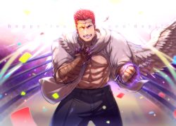 Rule 34 | 1boy, abs, bara, blue eyes, confetti, cowboy shot, flaming eye, heterochromia, highres, lightning, male focus, muscular, navel, nipples, pants, pectorals, pollux (housamo), red hair, scarf, short hair, single wing, smirk, solo, suku, thick thighs, thighs, upper body, wings, yellow eyes