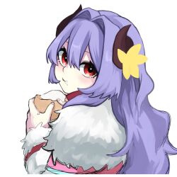 Rule 34 | 1girl, blush, cream, eating, flower, food, from behind, fur trim, hair between eyes, highres, holding, holding food, horn flower, horns, kindred (league of legends), lamb (league of legends), league of legends, long hair, long sleeves, looking back, purple hair, red eyes, ri ~yoku, simple background, solo, spirit blossom kindred, white background, yellow flower