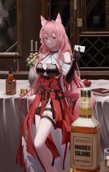 Rule 34 | 1girl, absurdres, alcohol, animal ear fluff, animal ears, arknights, ascot, black bra, black gloves, blush, bottle, bra, braid, breasts, chandelier, copyright name, envelope, extra ears, feet up, gloves, hair between eyes, hair intakes, hair ornament, hand up, high-waist skirt, highres, holding, holding envelope, looking at viewer, medium breasts, pink eyes, pink hair, plant, potted plant, pozyomka (arknights), red skirt, ressec, skirt, solo, standing, table, tail, thighs, underwear, vase, wax seal, white ascot, wolf ears, wolf girl, wolf tail