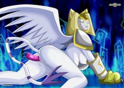 Rule 34 | armor, breasts, cat, cat tail, claws, digimon, digimon adventure 02, dildo, gauntlets, nefertimon, one side up, pussy, sex toy, sideboob, spread legs, tail, white cat, wings