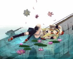Rule 34 | 10s, 1girl, aqa, belt, beret, blonde hair, blue eyes, blue hair, breasts, commandant teste (kancolle), double-breasted, flower, hair ornament, hat, highres, jacket, kantai collection, lily pad, loafers, long hair, looking at viewer, multicolored hair, pom pom (clothes), red hair, scarf, shoes, skirt, smile, socks, solo, streaked hair, submerged, water, white hair
