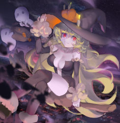 Rule 34 | 1girl, bare shoulders, black hat, black leotard, black thighhighs, blonde hair, breasts, broom, broom riding, candle, center opening, cloud, collarbone, detached sleeves, fengyin shici guozi, frilled sleeves, frills, ghost, hand up, hat, highres, holding, large breasts, leotard, long hair, long sleeves, night, night sky, original, outdoors, pumpkin, red eyes, skindentation, sky, smile, solo, star (sky), starry sky, thighhighs, witch
